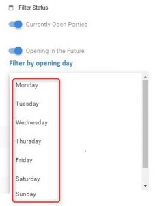 Filter the link parties by their opening day